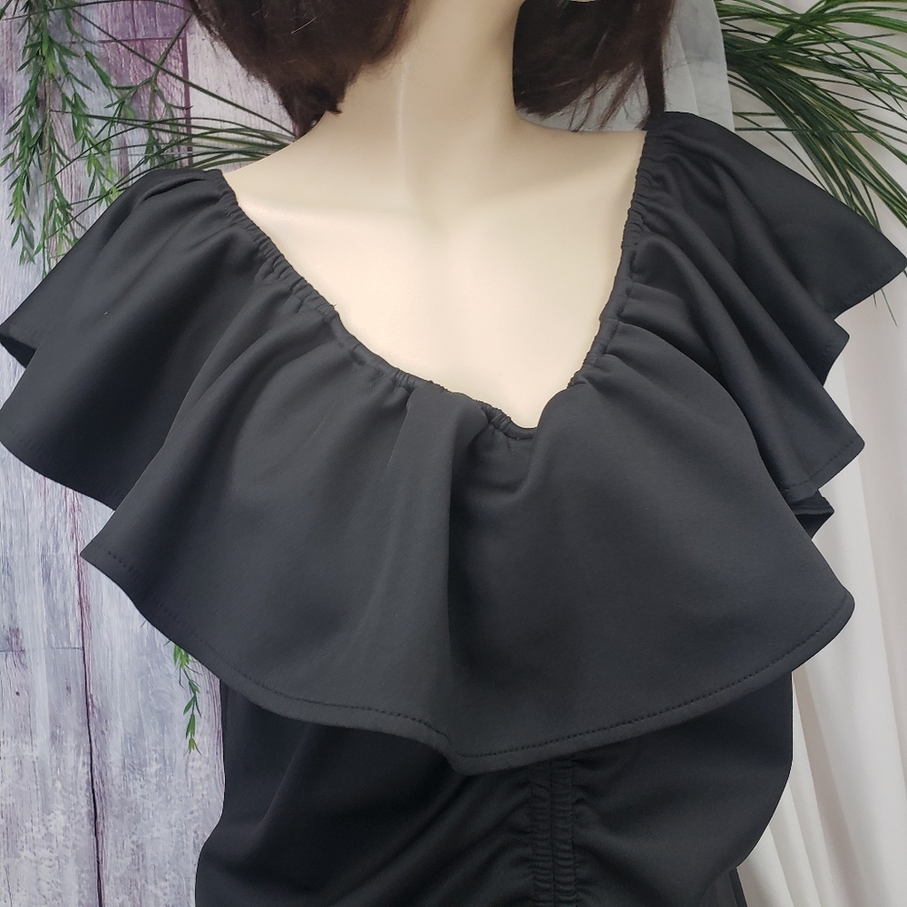 Black Rouched and Ruffled Cocktail Dress by Bloom Chic - Picture 4 of 13